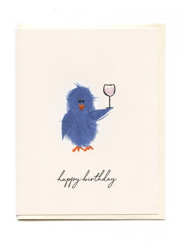 Blue Bird With Wine Birthday Card