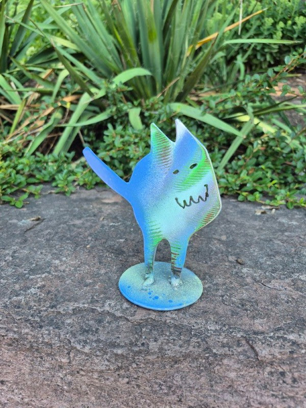 Blue Green Fat Cat Garden Statue, 4" x 5"