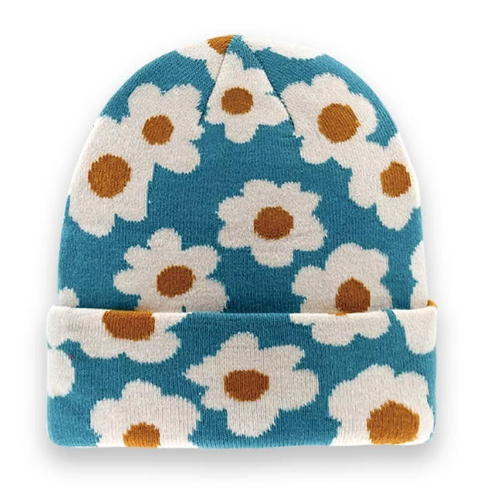 Blue Daisy Floral Knit Beanie