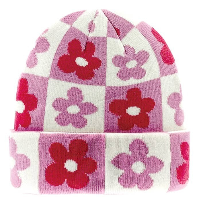 Pink Checkerboard Floral Knit Beanie