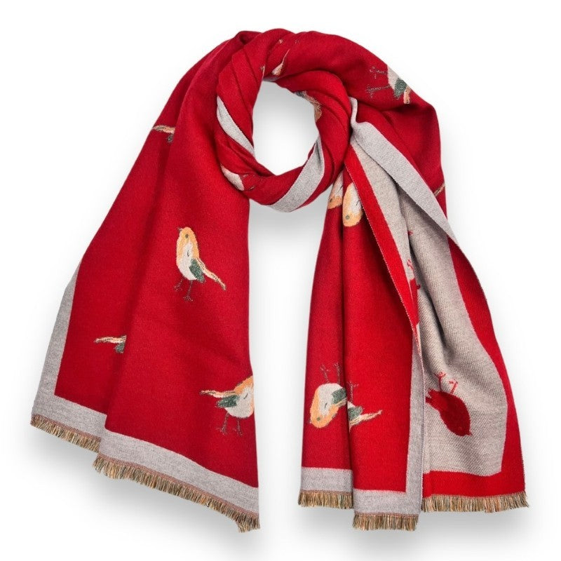 Red Robin Woven Print On Reversible Cashmeremix Scarf