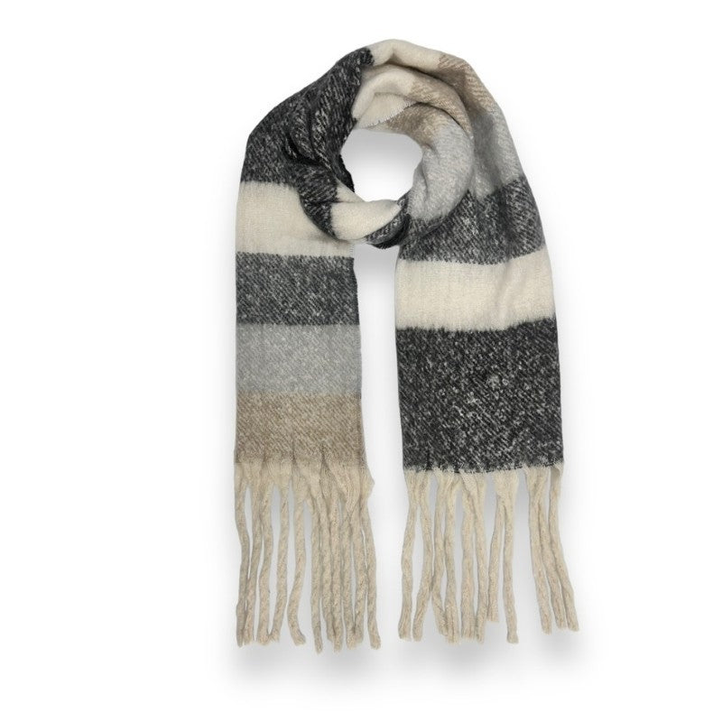 Fluffy Striped Grey Black Blanket Scarf with Tassels