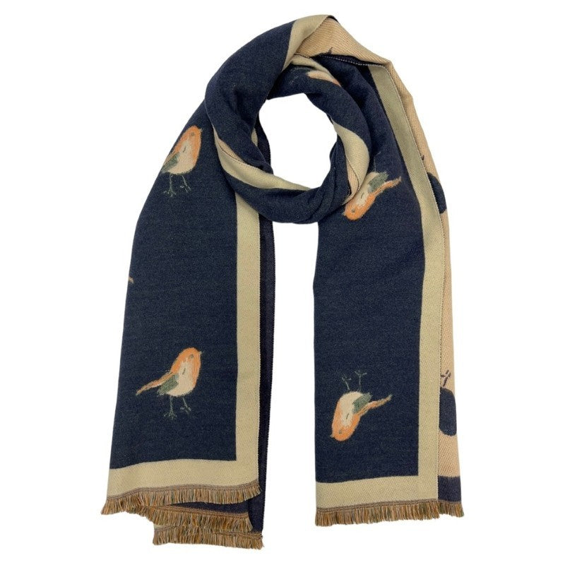 Navy Robin Woven Print On Reversible Cashmeremix Scarf