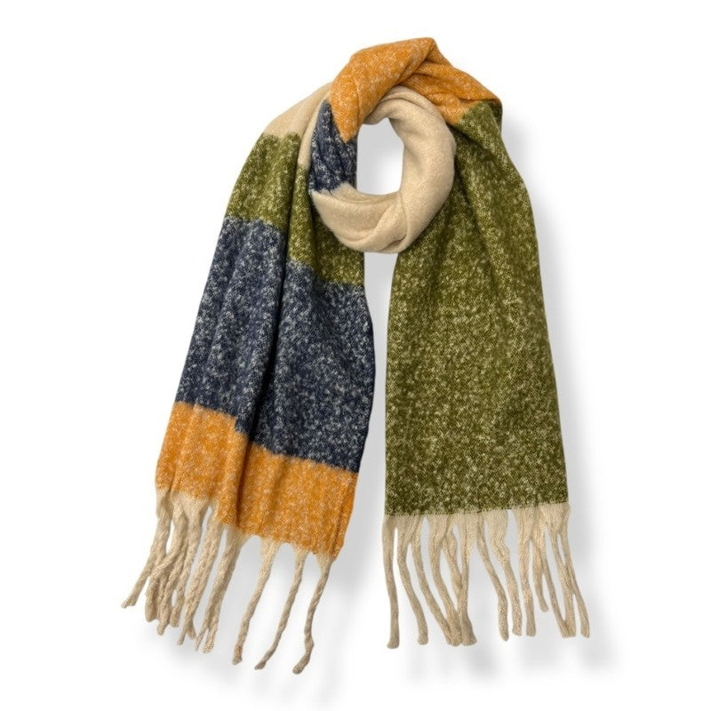 Khaki Fluffy Colourful Block Scarf with Tassels