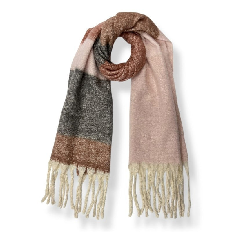 Pink Fluffy Colourful Block Scarf with Tassels
