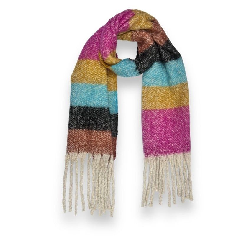 Fluffy Striped Turquoise &amp; Brown Blanket Scarf with Tassels