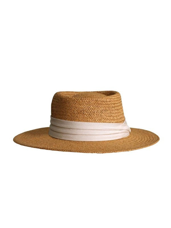 French Boater Straw Hat with White Ribbon