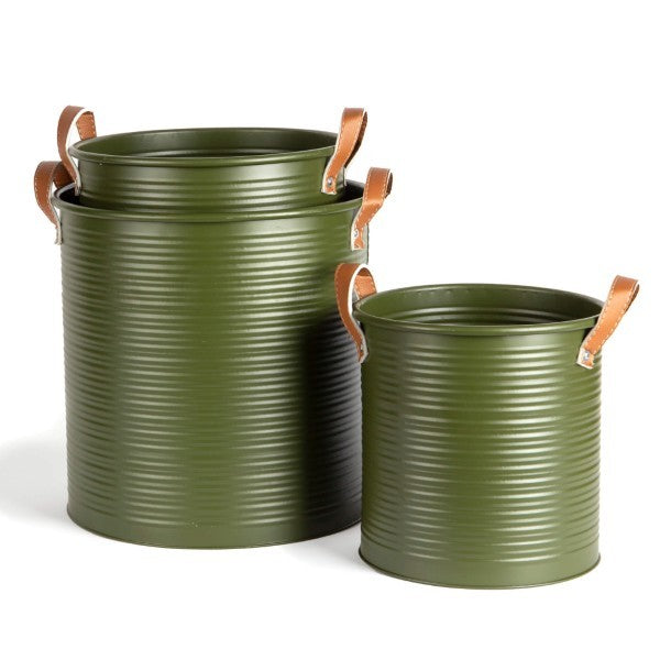 Round Metal Dark Green Tub With Brown Ear Handle