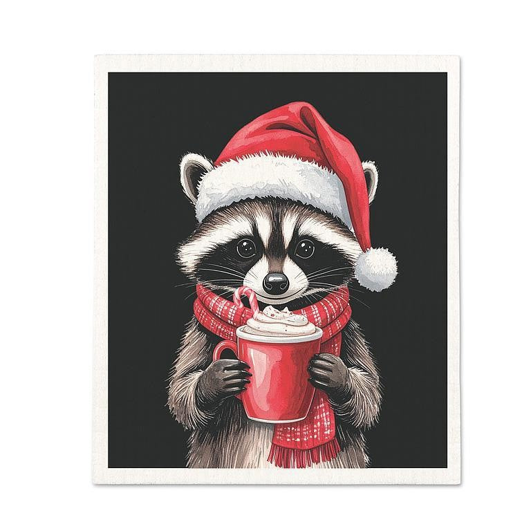 Winter Raccoon Swedish Dishcloth, Single