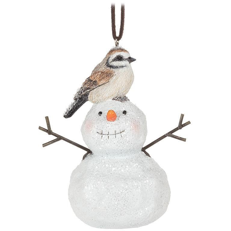Bird Sitting on Snowman Ornament