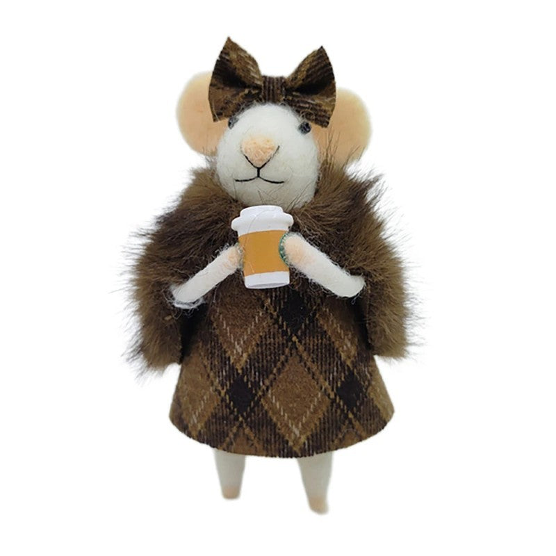Brown Coat &amp; Coffee Cup Mouse Ornament