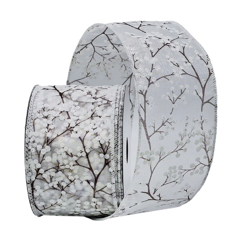 White Glitter Berries Wired Ribbon, 2.5" x 10 yards