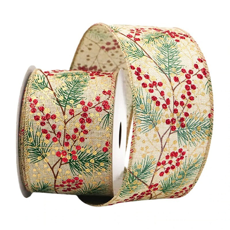 Green Pine &amp; Red Berries Wired Ribbon, 2.5" x 10 yards