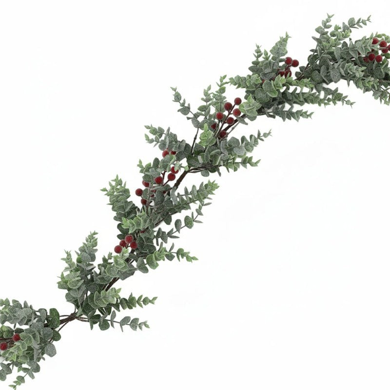 Frosted Eucalyptus Garland W/Red Berries, 5ft/60"