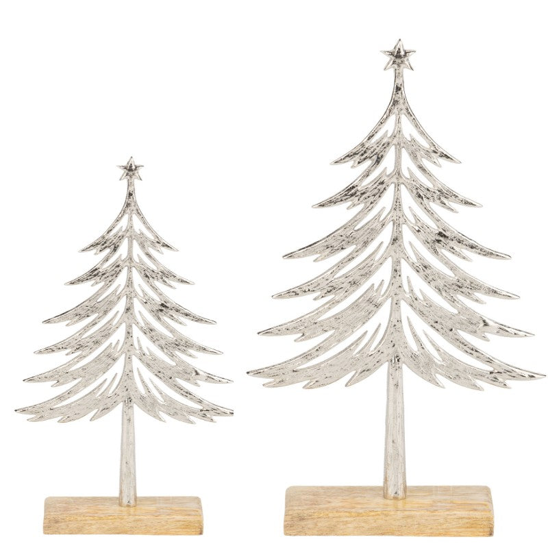 Silver Metal Christmas Tree On Wood Base