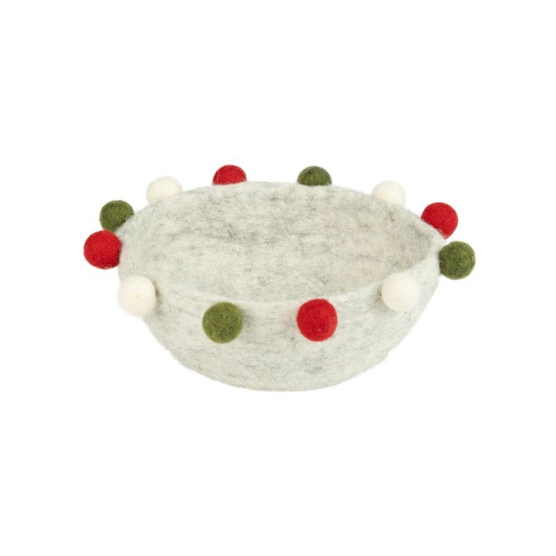 Gray Felt Bowl with Pom-Poms, 7"Dia