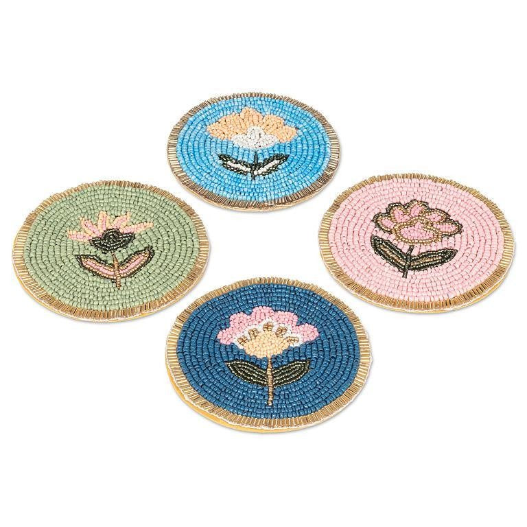 Beaded Floral Round Coaster. Set of 4