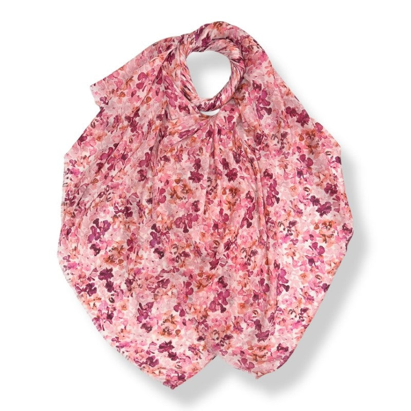 Pink Sweet Pea Flower Print Scarf Finished with Fringes
