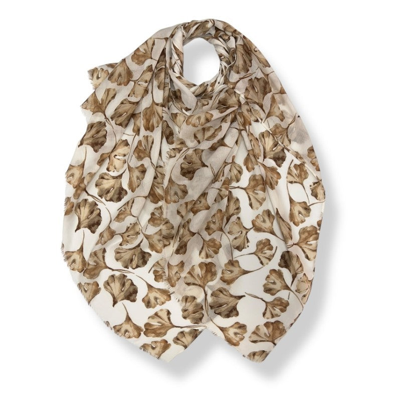Beige Ginko Leaves Print Scarf