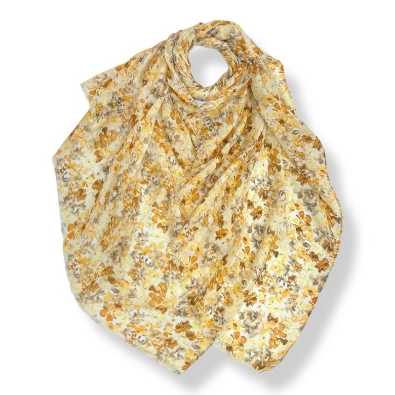 Yellow Sweet Pea Flower Print Scarf Finished with Fringes