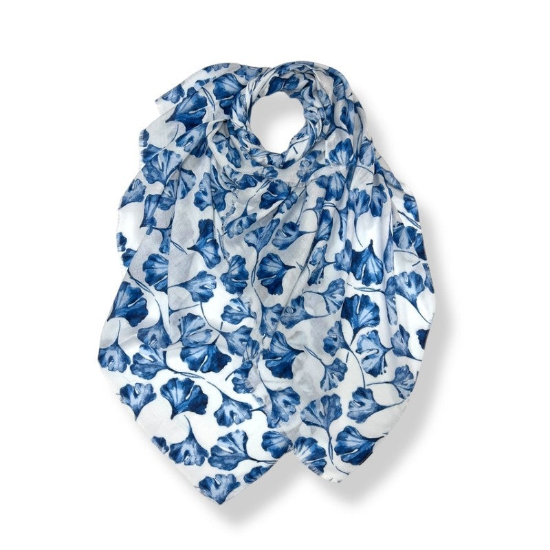 Blue Ginko Leaves Print Scarf