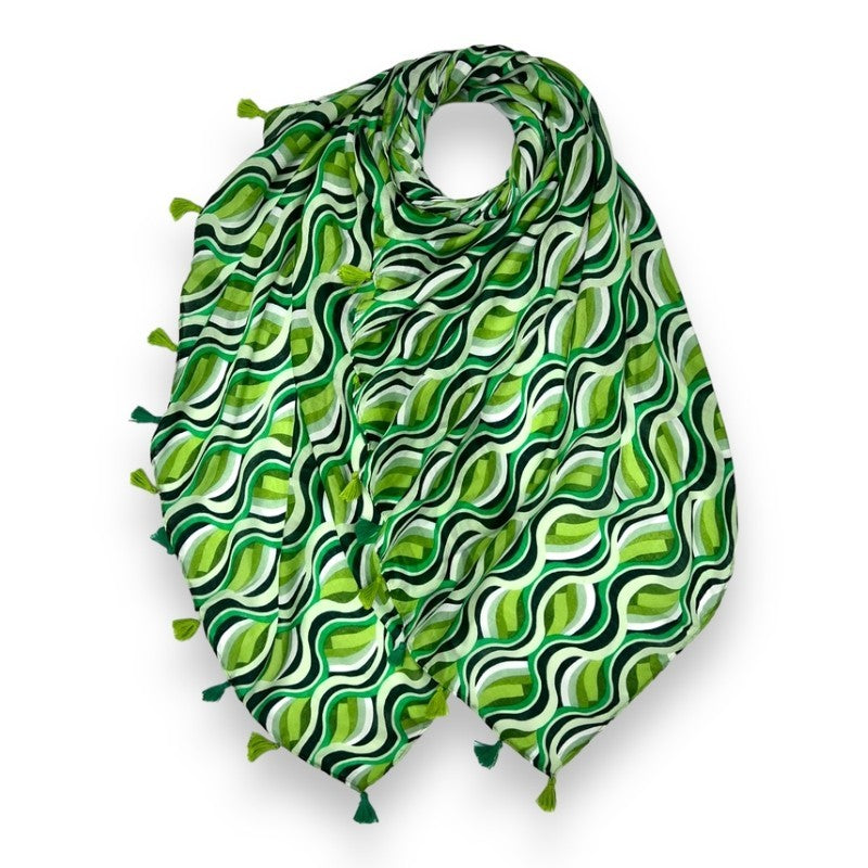 Green Retro Swirl Waves Printed Scarf Finished with Tassels