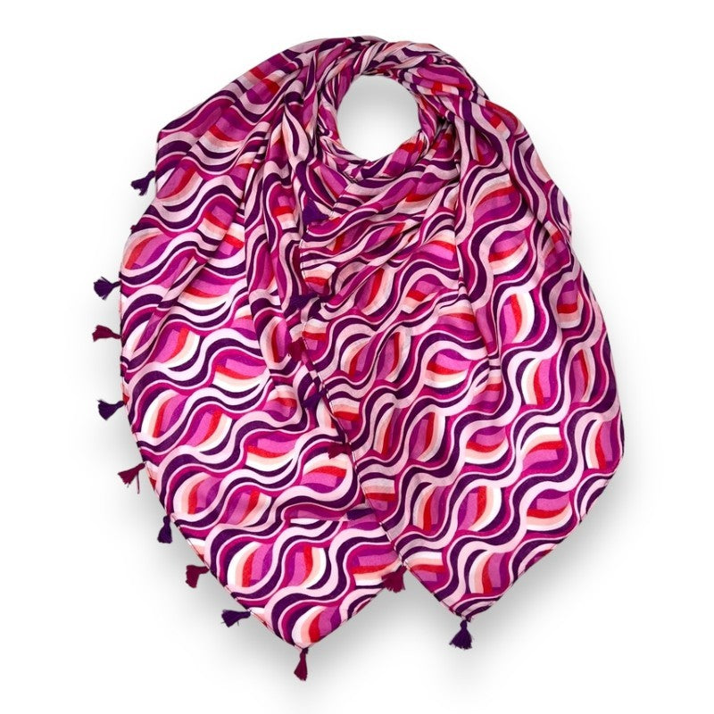 Pink Retro Swirl Waves Printed Scarf Finished with Tassels