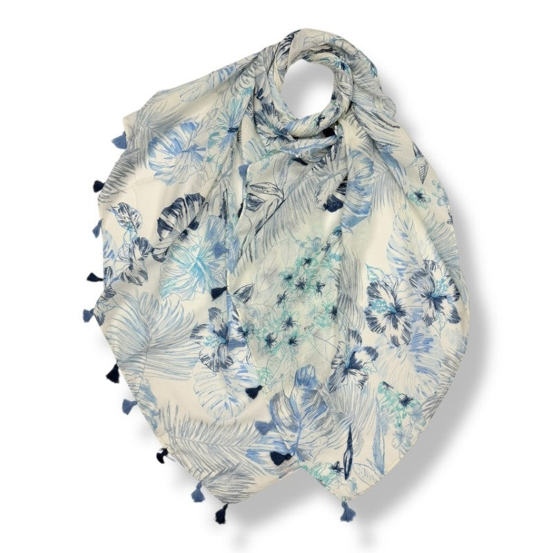 Blue Tropical Leaf & Floral Print Tassel Scarf