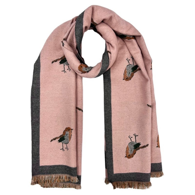 Pink Robin Woven Print On Reversible Cashmeremix Scarf