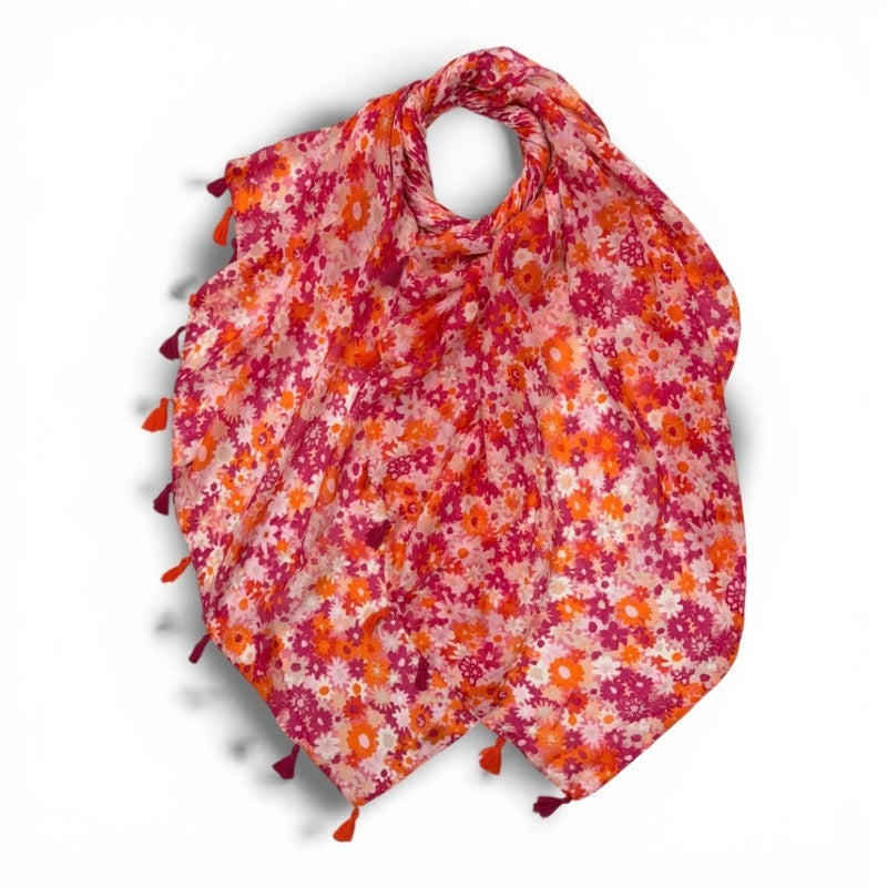 Red Meadow Floral Print Scarf with Tassels
