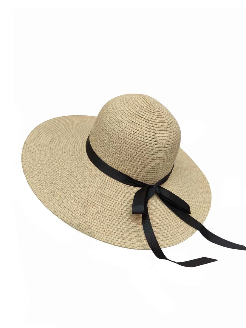 Cream Large-Brimmed Floppy Sun Hat with Ribbon Bowknot