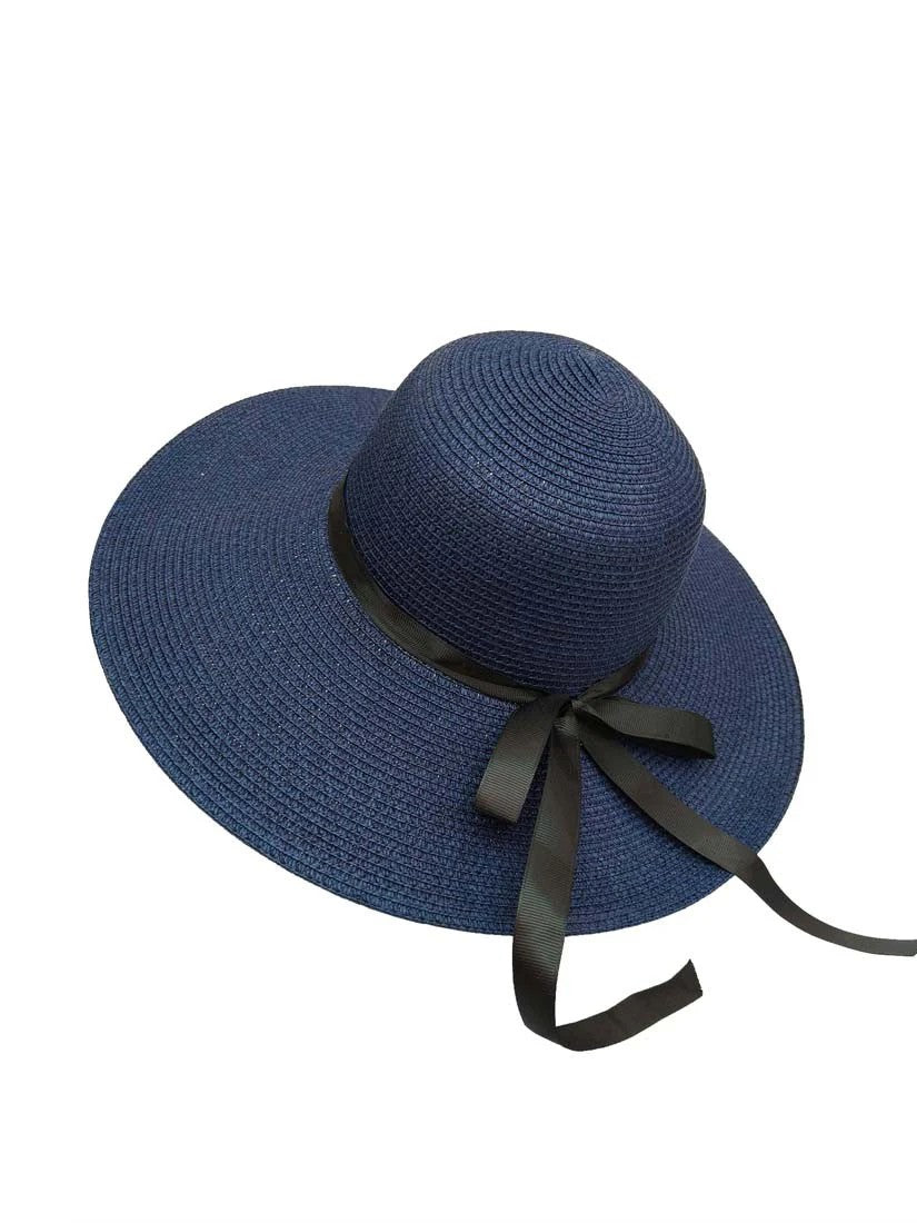 Navy Large-Brimmed Floppy Sun Hat with Ribbon Bowknot