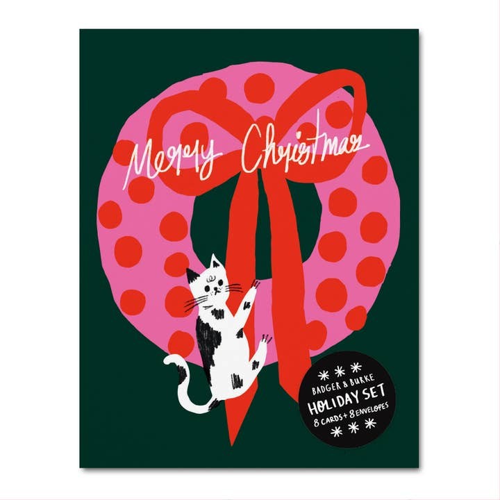 Wreath Cat Holiday Cards, Box of 8