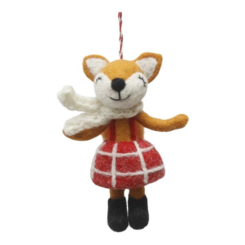 Dancing Fox In Red Dress White Scarf Felt Ornament