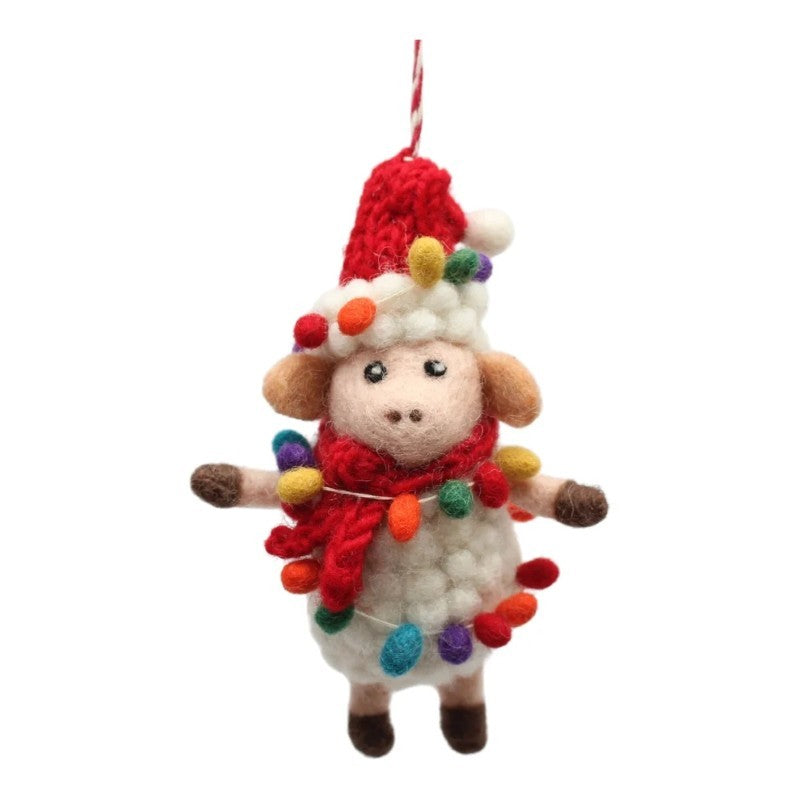 Festive Sheep With Santa Hat And Lights Felt Ornament