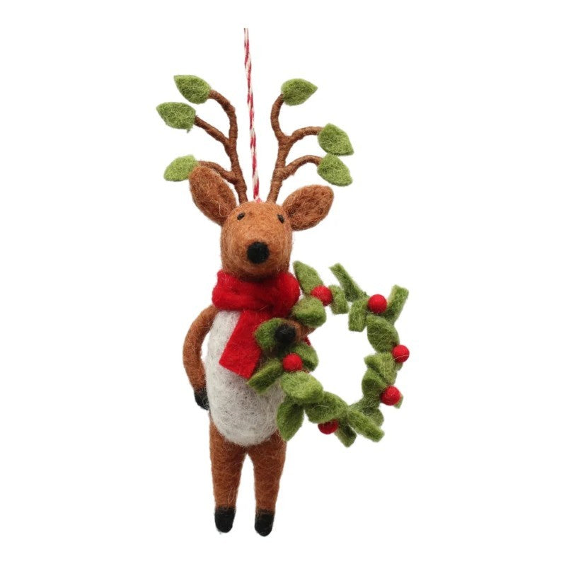 Reindeer Holding Green Wreath Felt Ornament