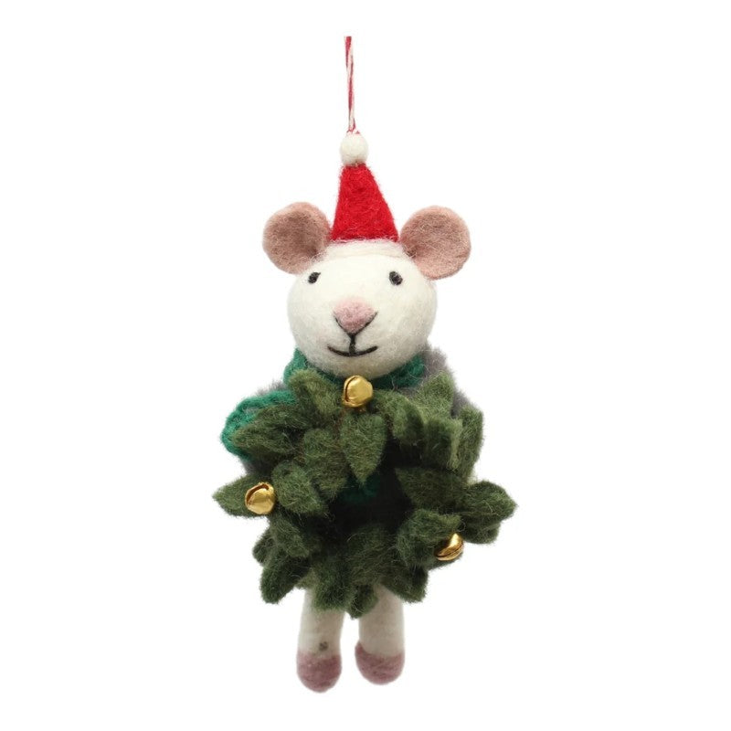 Smiling Mouse Wearing Santa Hat Felt Ornament