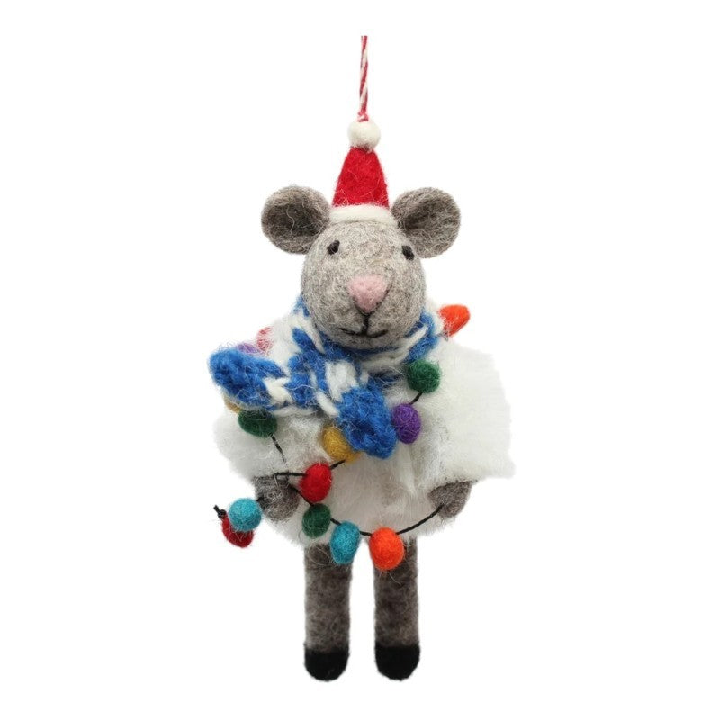 Grey Mouse With Blue Scarf And Lights Felt Ornament