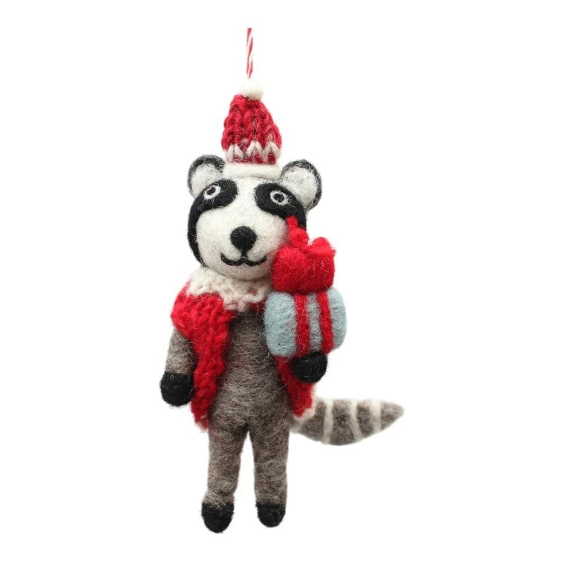 Raccoon Holding Gift Wearing Red Scarf Hat Felt Ornament