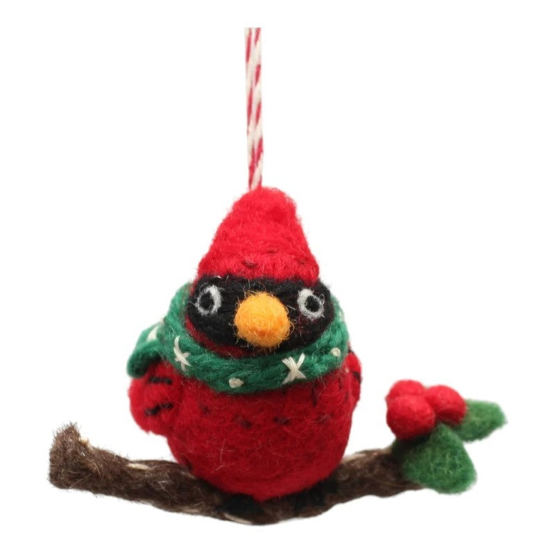 Red Cardinal Perched On Branch With Holly Felt Ornament