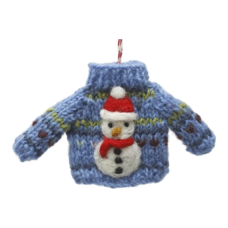 Mini Blue Sweater Featuring Snowman Felt Ornament
