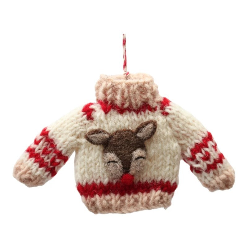 Mini Cream Sweater With Reindeer Felt Ornament