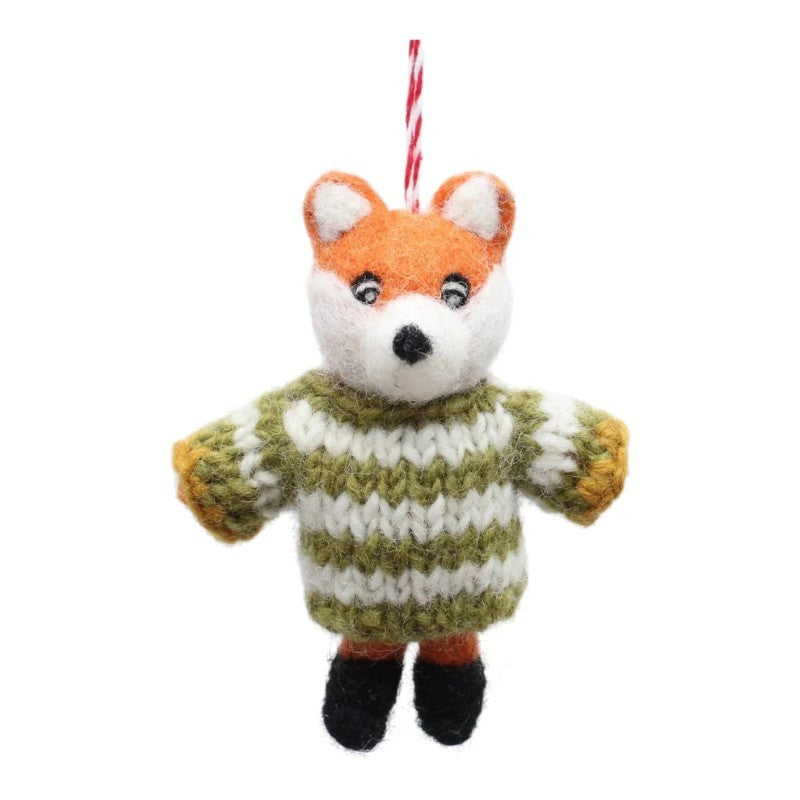Orange Fox In Green Striped Sweater Felt Ornament