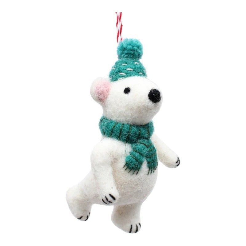 Polar Bear With Teal Scarf And Hat Felt Ornament