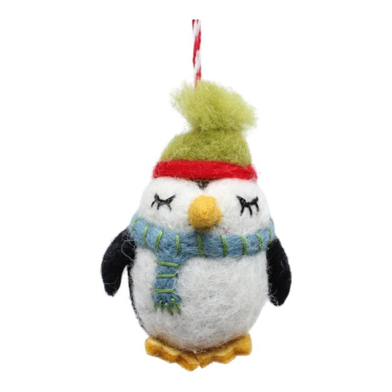 Sleepy Penguin Wearing Green Hat Blue Scarf Felt Ornament