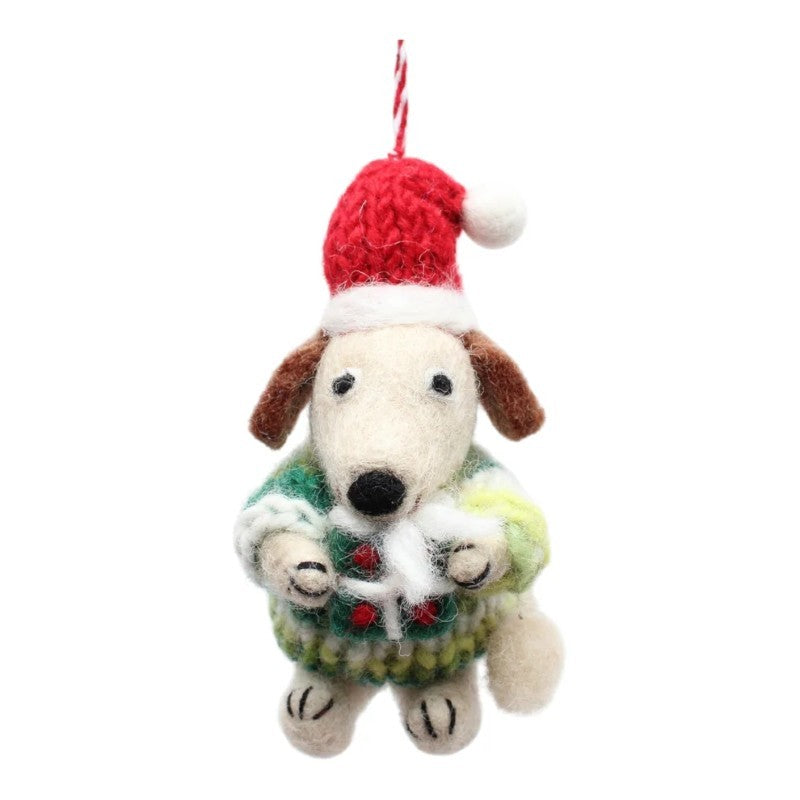 Dog In Santa Hat Holding Yarn Ball Felt Ornament