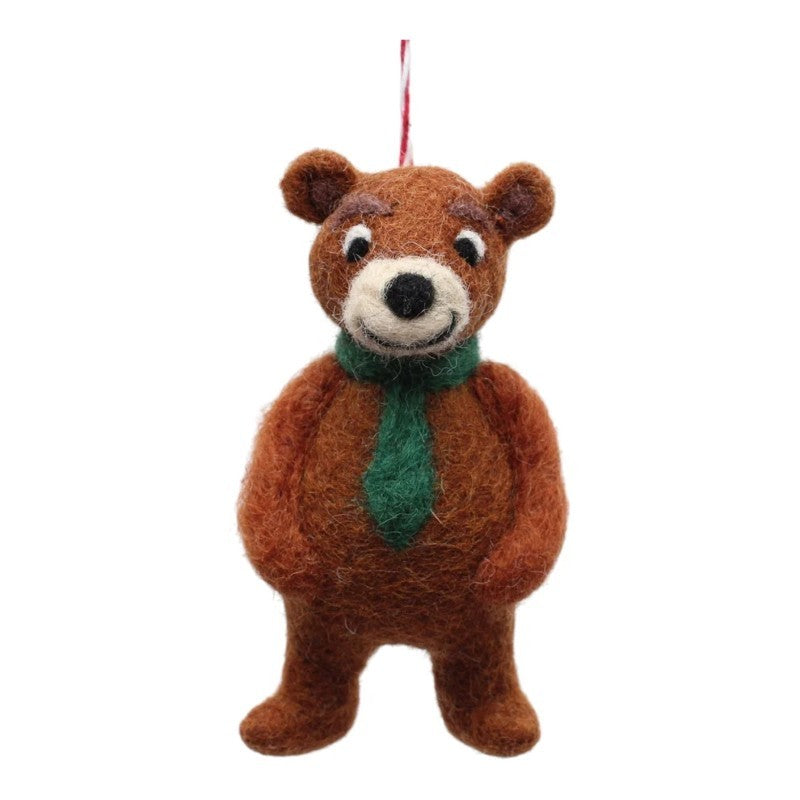 Brown Bear Wearing Forest Green Scarf Felt Ornament