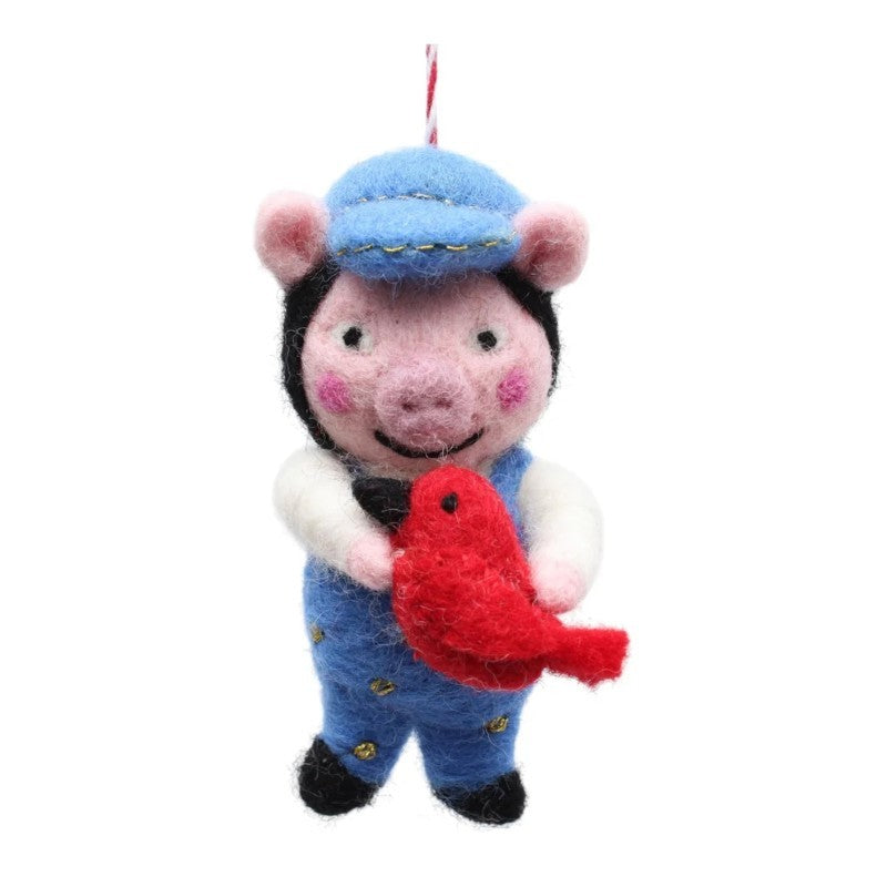 Pink Pig Holding Bright Red Bird Felt Ornament