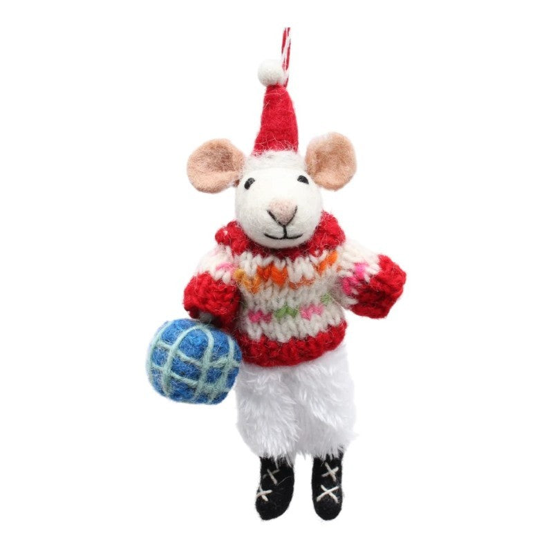 White Mouse Holding Blue Wool Yarn Ball Felt Ornament
