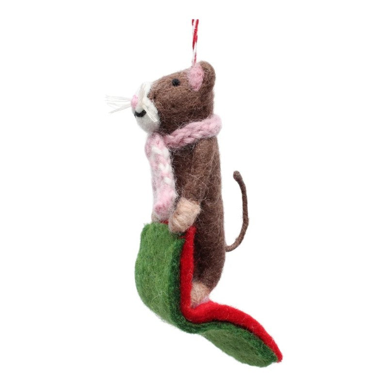 Brown Mouse Riding Flying Carpet Felt Ornament